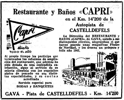 Anuncio del restaurante-balneario Capri de Gav Mar publicado en el diario La Vanguardia el 27 de diciembre de 1961 desitjant un feli 1962
